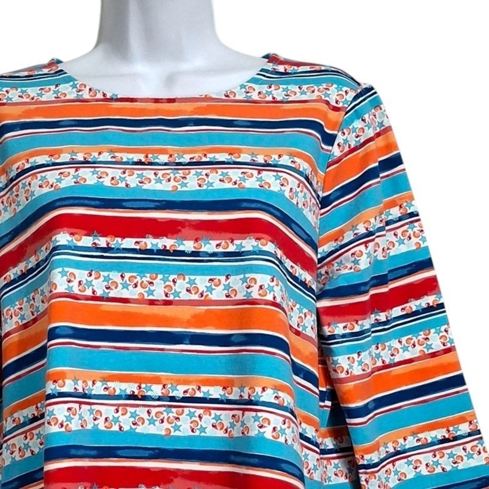 Appleseeds Top S Multi 3/4 Sleeve Nautical Stripe Seashell Coastal Beach T-Shirt